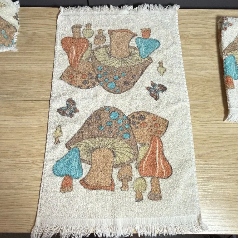 Vintage 1970's Cannon Merry Mushroom & Butterflies Hand Kitchen Towel Lot Of 3